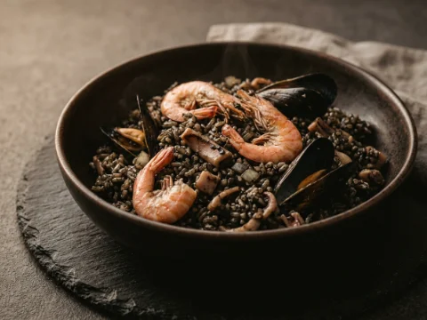 Paella Negra mit Meeresfrüchten