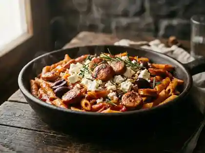 Provenzalische Nudelpfanne mit Cabanossi und Schafskäse