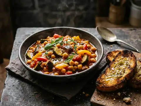 Provenzalische Ratatouille mit Kichererbsen und geröstetem Ciabatta
