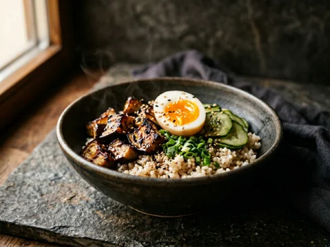 Reis-Bowl mit Miso-Aubergine