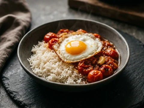 Reis mit geschmorten Tomaten und Spiegelei