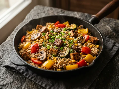 Reispfanne mit Gemüse und Tofu