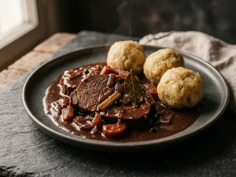 Rinderbraten mit Rotweinsauce und Klößen