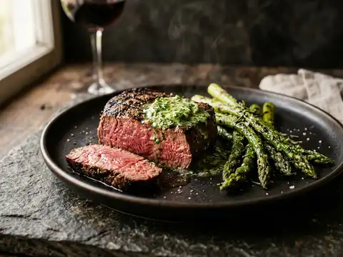 Rinderfilet vom Grill mit grünem Spargel und Kräuterbutter