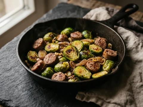 Rosenkohl-Pfanne mit Würstchen