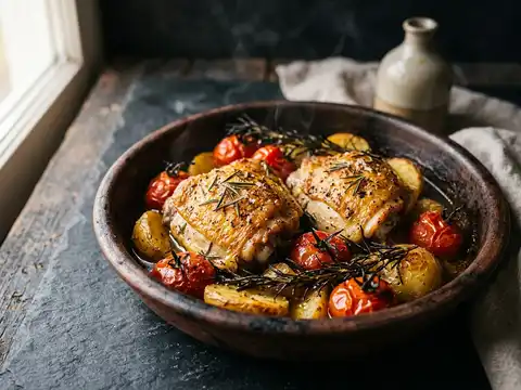 Rosmarin-Hähnchen mit Ofentomaten und Ofenkartoffeln