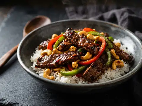 Scharfes Rindfleisch mit Paprika und Cashewkernen auf Reis