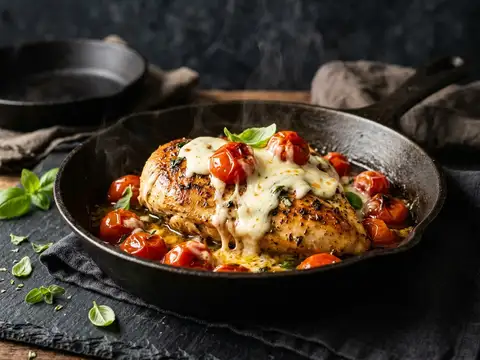 Schnelle Hähnchen-Caprese-Pfanne mit Tomaten und Mozzarella