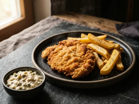 Schnitzel mit Pommes und Remoulade