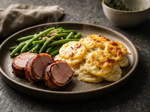 Schweinefilet im Speckmantel mit grünen Bohnen und Kartoffelgratin