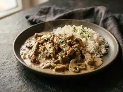 Schweinegeschnetzeltes in Rahmsoße mit Reis