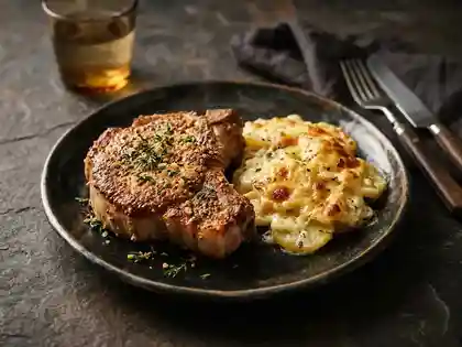 Schweinekotelett mit Senfkruste und Kartoffelgratin
