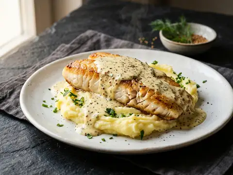 Seelachs mit Senfsauce und Kartoffelstampf