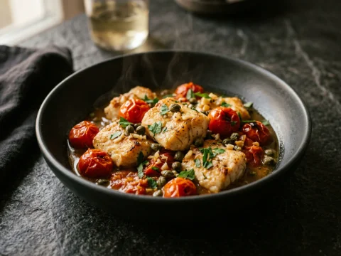 Seeteufel mit Tomaten und Kapern