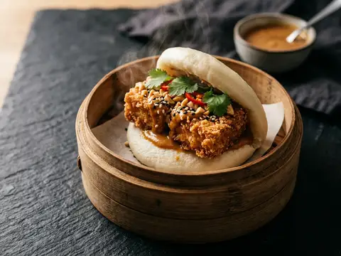 Selbstgemachte Bao Buns mit knusprigem Tofu und Erdnusssauce