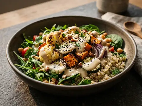 Sommerliche Buddha Bowl mit geröstetem Gemüse und Tahini-Dressing