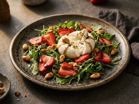 Sommersalat mit Erdbeeren, Burrata und Rucola