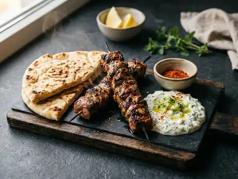 Souvlaki vom Schwein mit Tzatziki und Pita-Brot