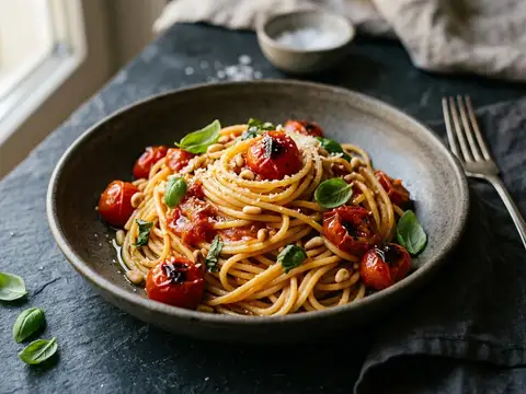 Spaghetti mit Kirschtomaten und Basilikum
