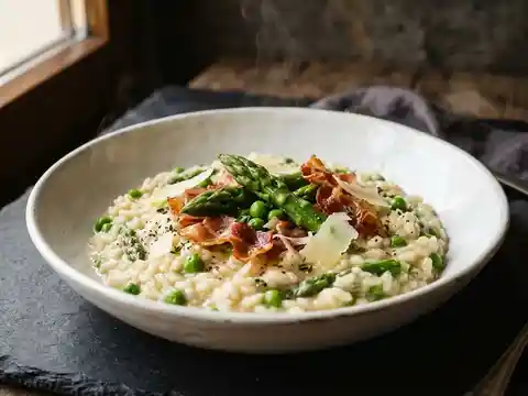 Spargelrisotto mit Erbsen und Prosciutto