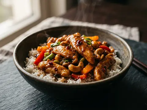 Süß-scharfe Hähnchen-Cashew-Pfanne mit Reis