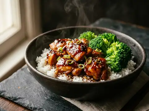 Teriyaki-Hähnchen mit Reis und Brokkoli
