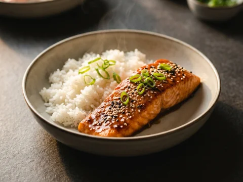 Teriyaki-Lachs mit Reis