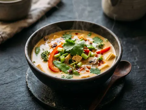 Thailändische Kokossuppe mit Gemüse und Koriander