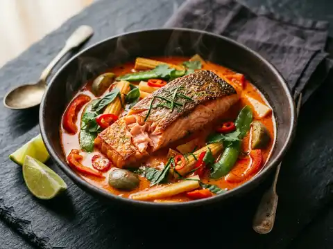 Thailändisches Rotes Curry mit Lachs und Limette