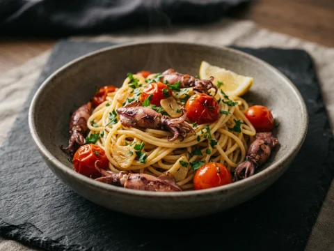 Tintenfisch-Pasta mit Tomaten und Knoblauch