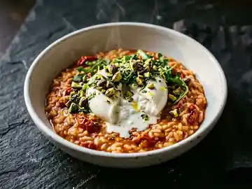 Tomaten Risotto mit Burrata und Pistazien-Rucola-Gremolata