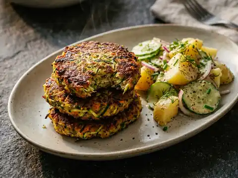 Vegane Gemüsefrikadellen mit Kartoffel-Gurkensalat