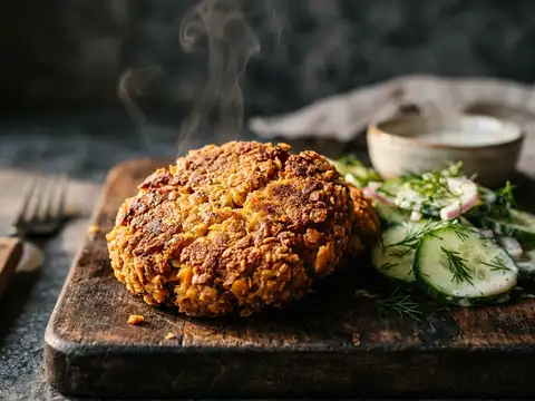 Vegane Linsenbratlinge mit Gurken-Dill-Salat