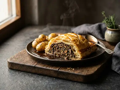 Vegane Pilz-Wellington mit Rotweinjus und Ofenkartoffeln