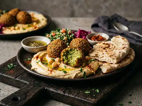 Veganer Falafel-Teller mit Hummus und Fladenbrot
