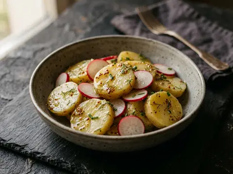 Veganer Kartoffelsalat mit Radieschen und Senf-Vinaigrette