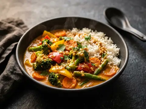 Veganes Erdnuss-Gemüse-Curry mit Reis