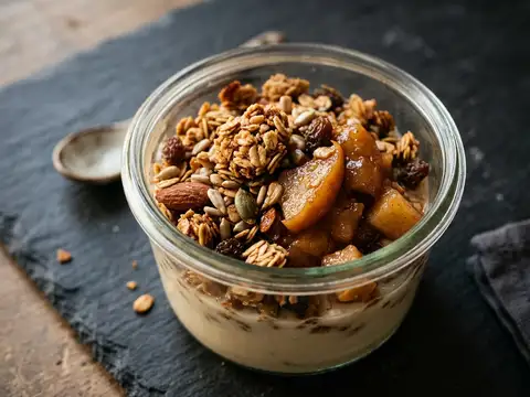 Veganes Granola mit Ofenobst und Sojamilch