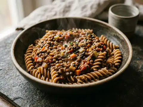Veganes Linsenragout mit Vollkornnudeln