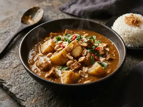 Veganes Massaman-Curry mit Kartoffeln, Erdnüssen und Reis