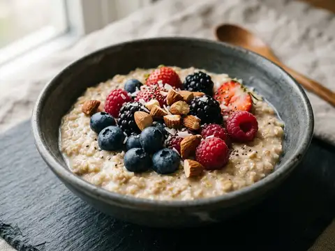 Veganes Sommer-Porridge mit Beeren und Mandeln
