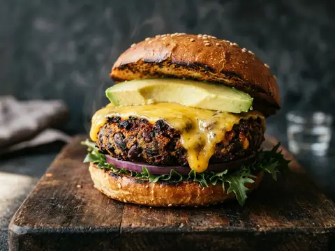 Vegetarischer Black-Bean-Burger mit Avocado