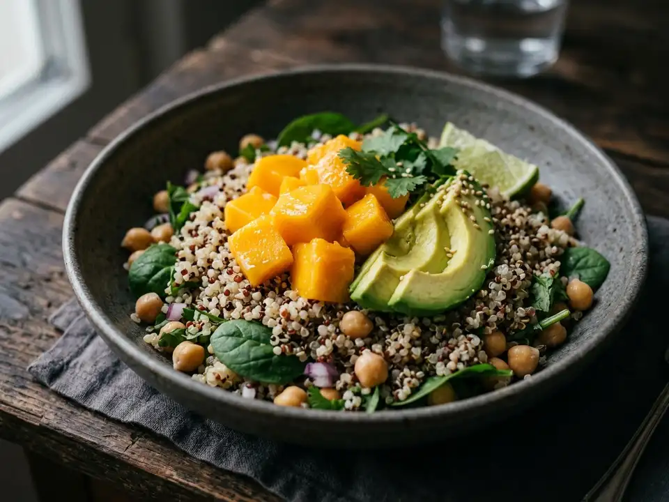 Quinoa-Bowl mit Mango, Avocado und Kichererbsen