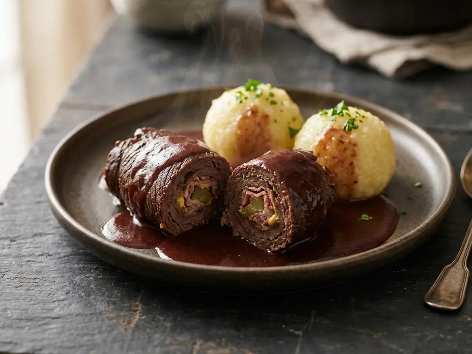 Rinderrouladen mit Rotweinsauce und Kartoffelknödeln