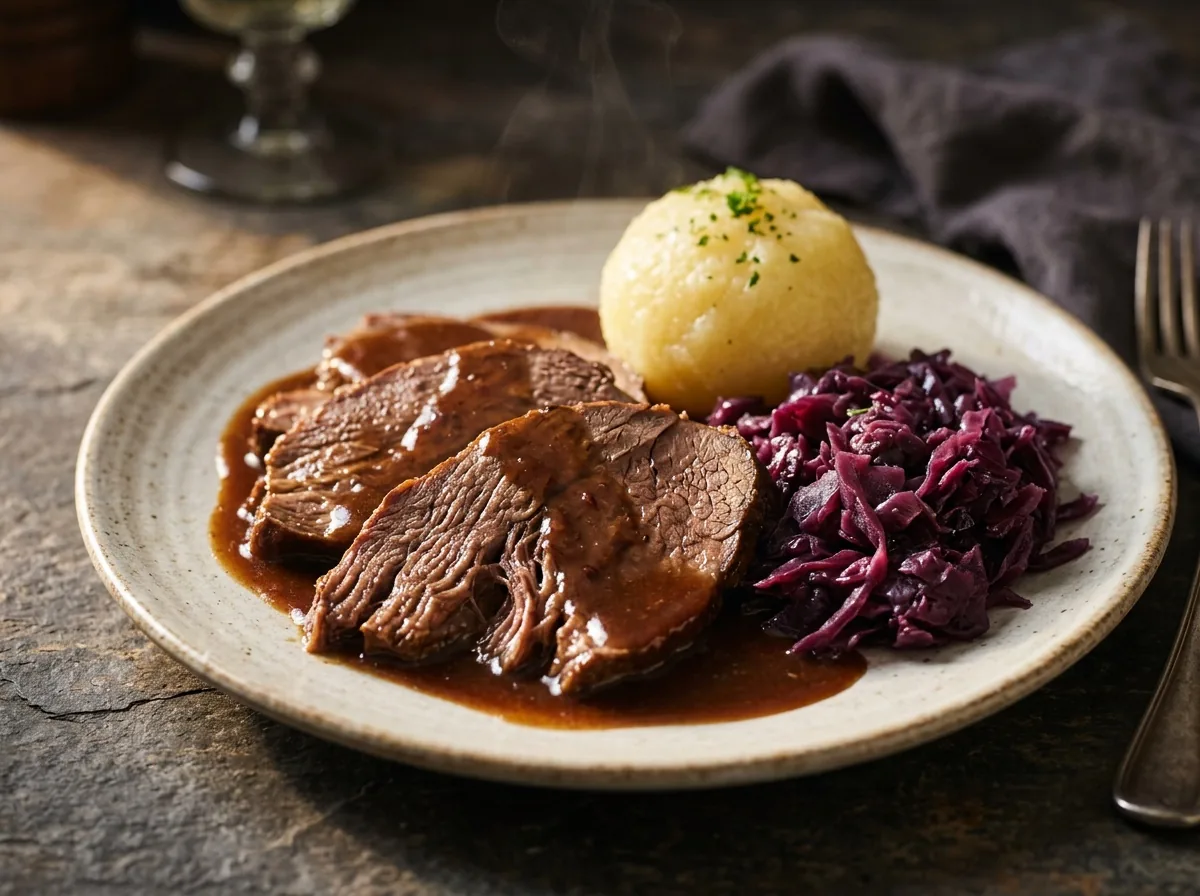 Sauerbraten mit Rotkohl und Klößen