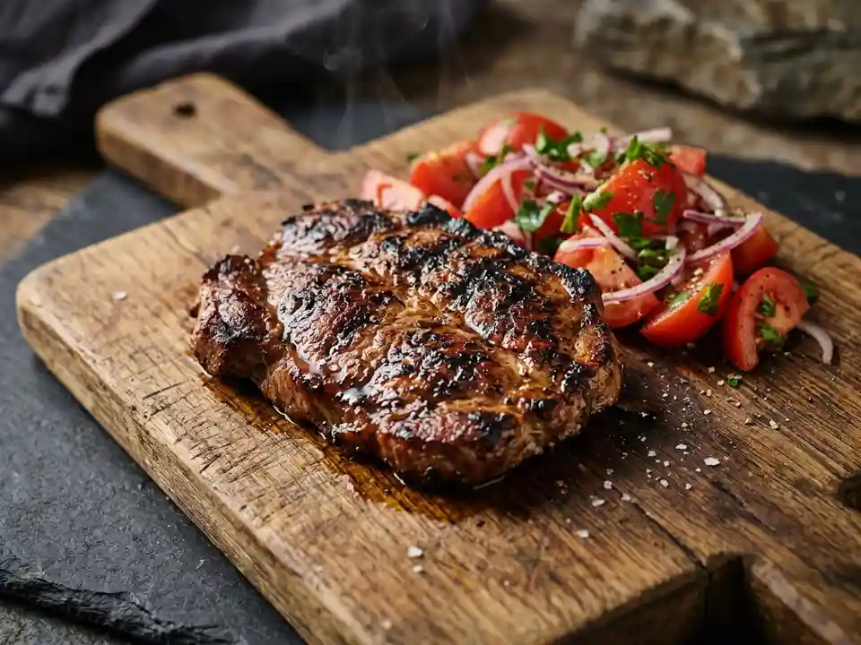 Schweinenackensteaks vom Grill mit Tomaten-Zwiebel-Salat