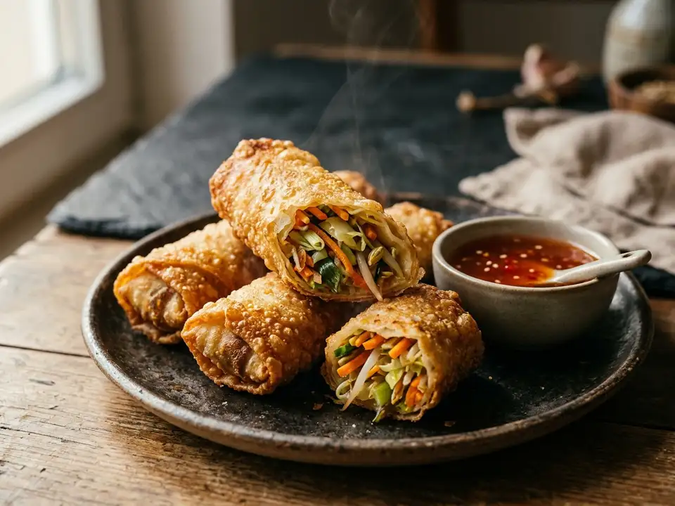 Selbstgemachte Gemüse-Frühlingsrollen mit Süß-Sauer-Dip