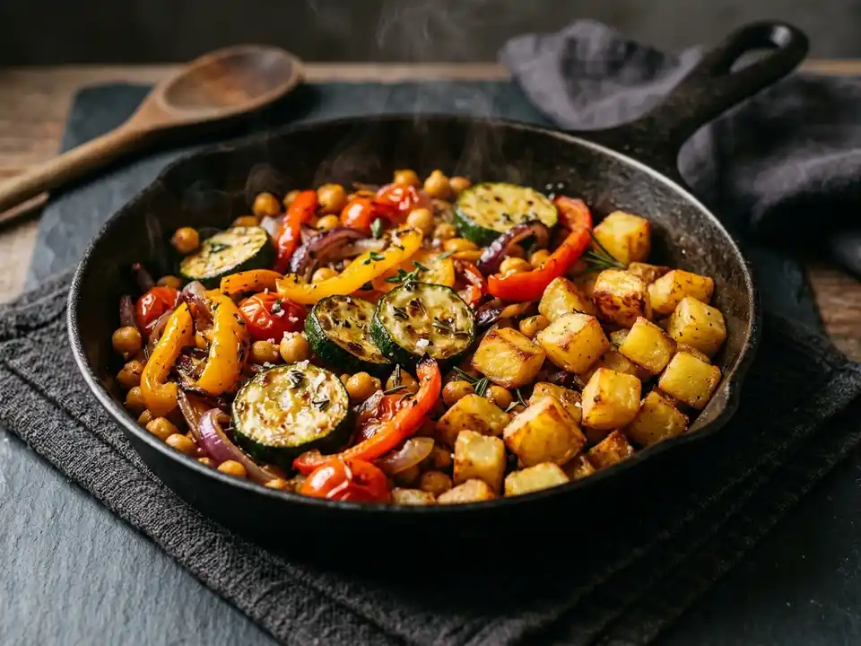 Sommerliche Gemüsepfanne mit Röstkartoffeln