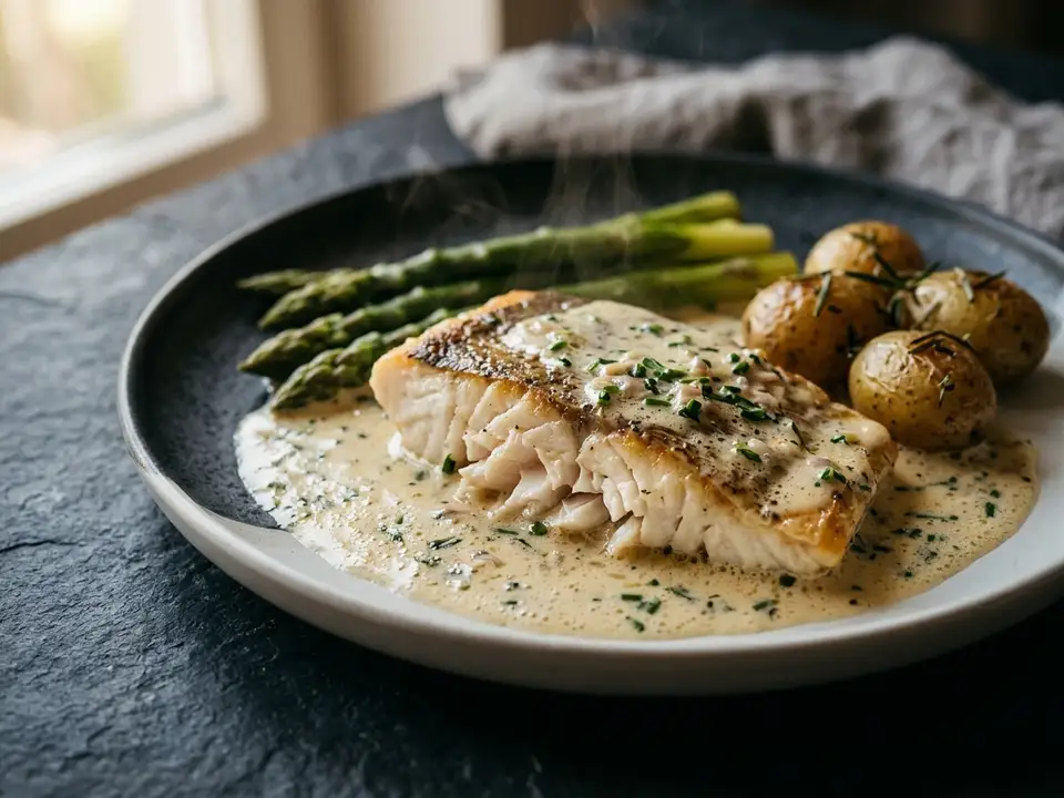 Steinbutt in Champagnersauce mit grünem Spargel und Kräuterkartoffeln
