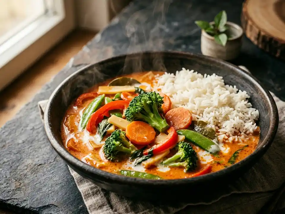 Thai-Gemüsecurry mit Kokosmilch und Jasminreis